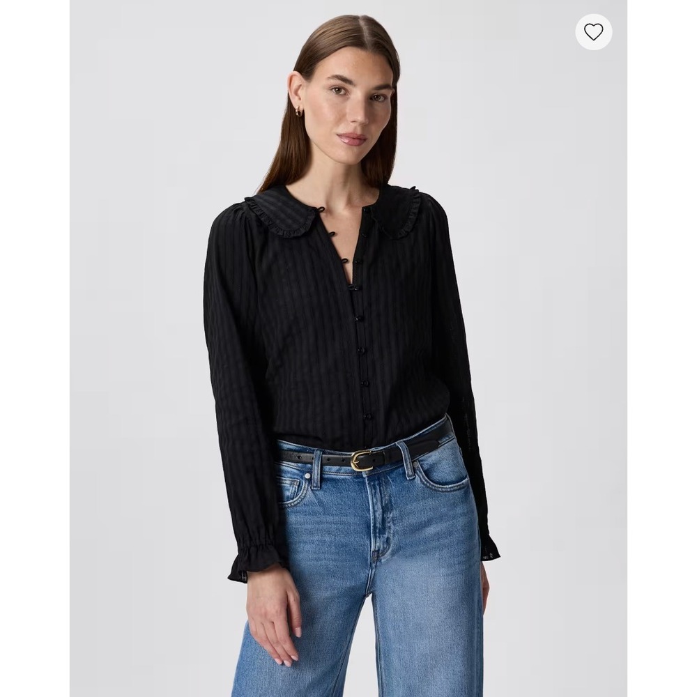 Quince Embroidered Cotton Ruffle Collar Long Sleeve Blouse Sz M Black Organic
